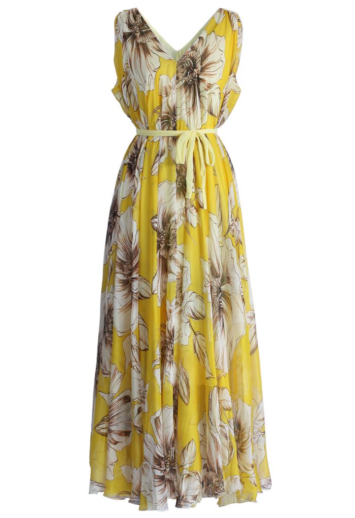 Wunderbare gelbe Blumen Chiffon langes Kleid