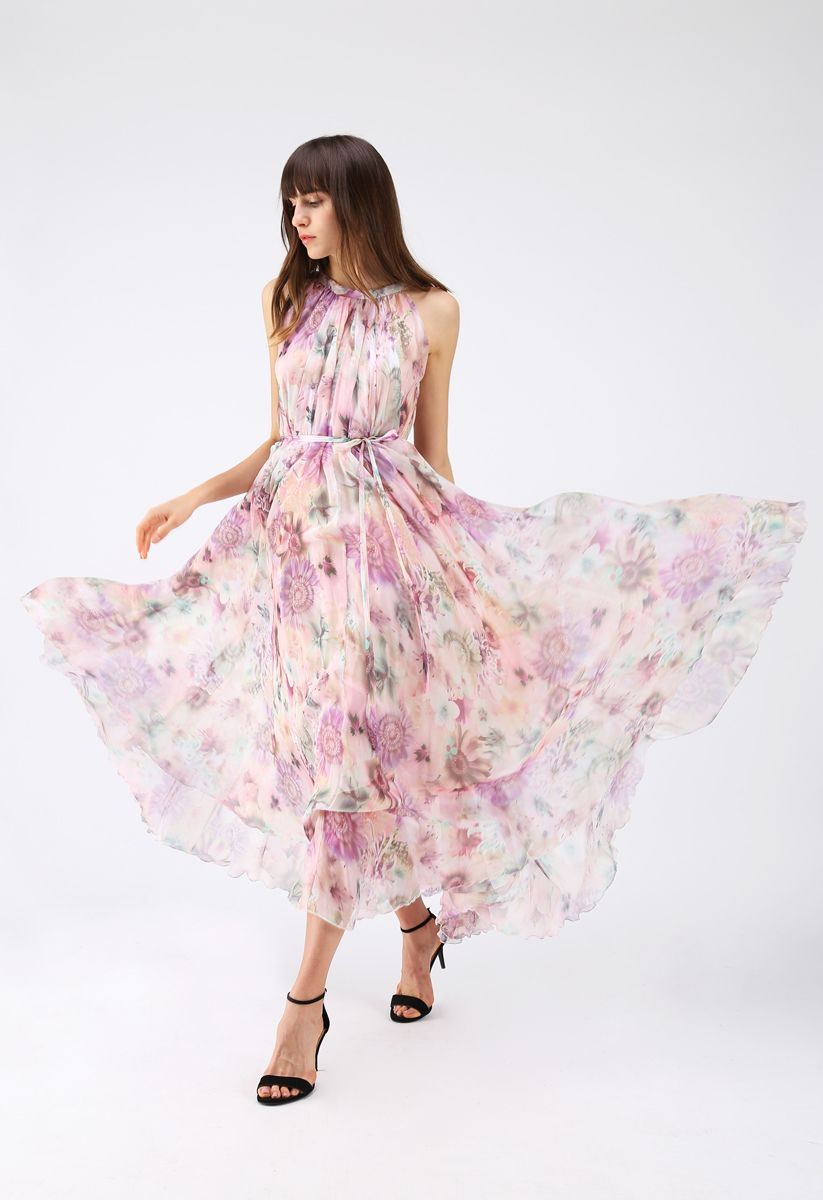 Sonnenblumenblüte - Maxikleid aus Chiffon mit Wasserfarben