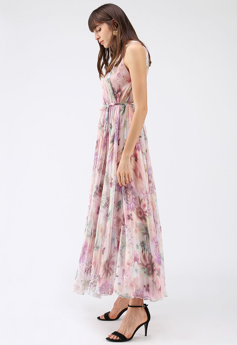 Sonnenblumenblüte - Maxikleid aus Chiffon mit Wasserfarben