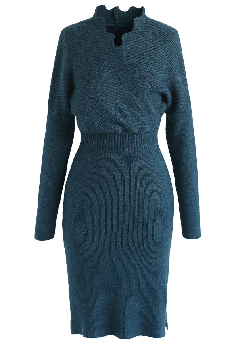 Cafe Time Wavy Wrap Knit Dress in Teal