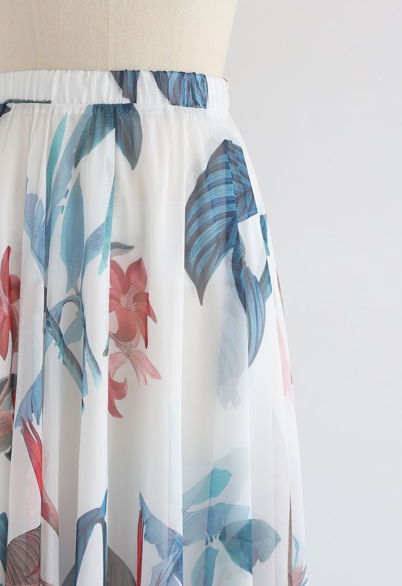 Tropische Blumenaquarelle - Maxiskirt auf Weiß