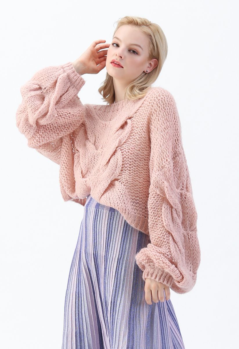Handgestrickter Mohairpuffärmel-Pullover in Pink