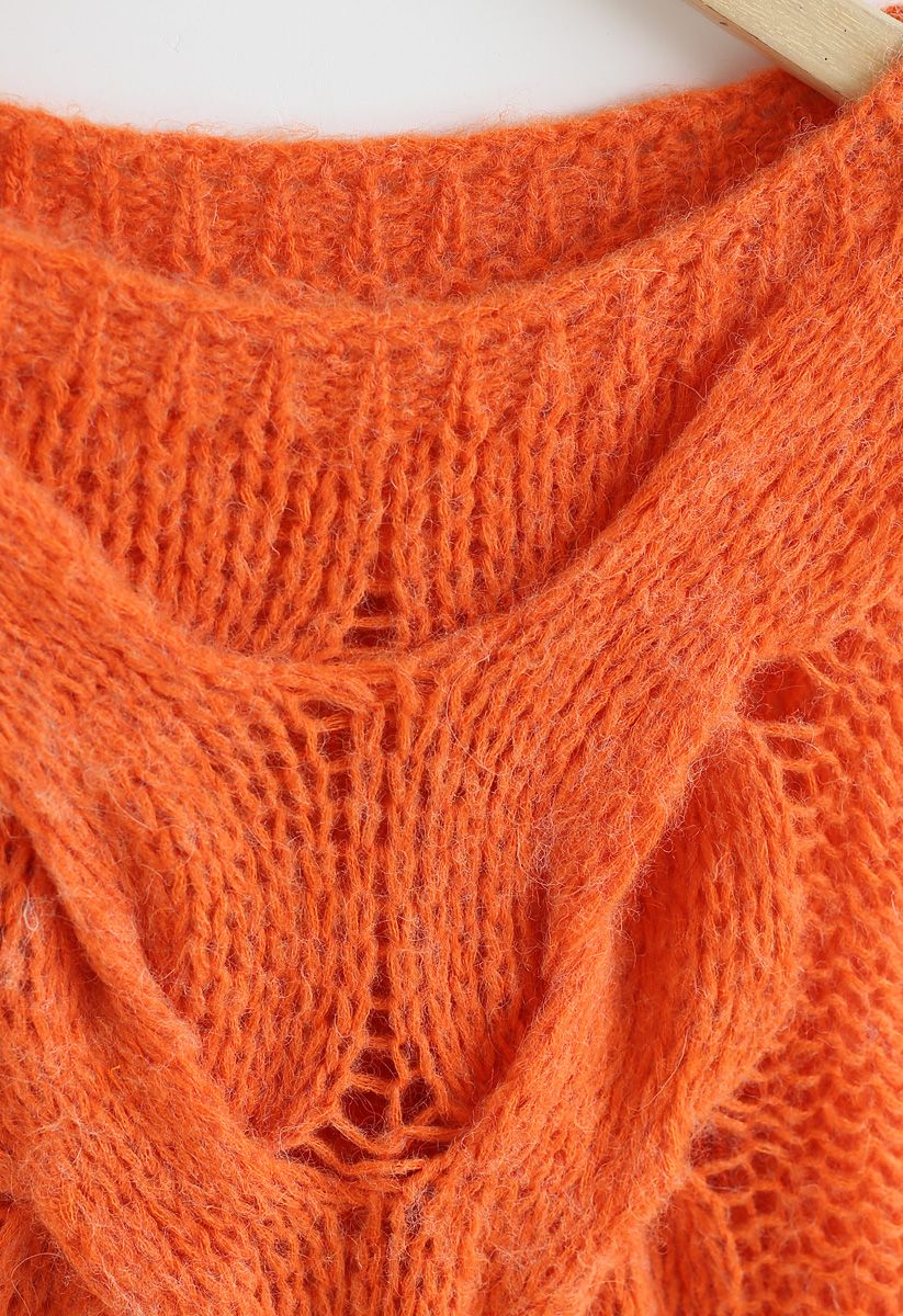 Handgestrickter Pullover mit Puffärmeln in Orange