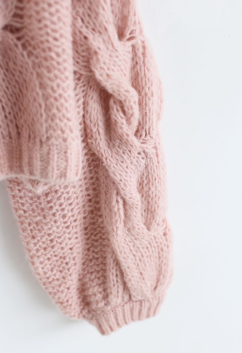 Handgestrickter Mohairpuffärmel-Pullover in Pink