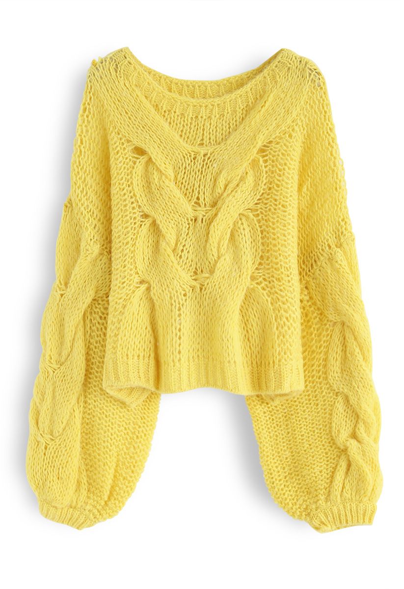 Handgestrickter Mohairpuffärmel-Pullover in Gelb