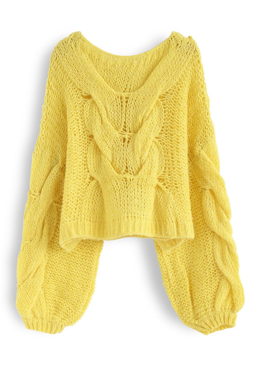 Handgestrickter Mohairpuffärmel-Pullover in Gelb