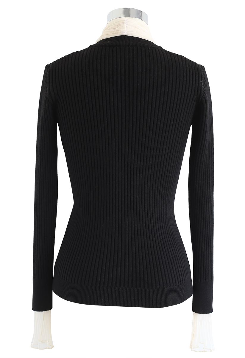 Mesh Bow Neck Long Sleeves Geripptes Strickoberteil