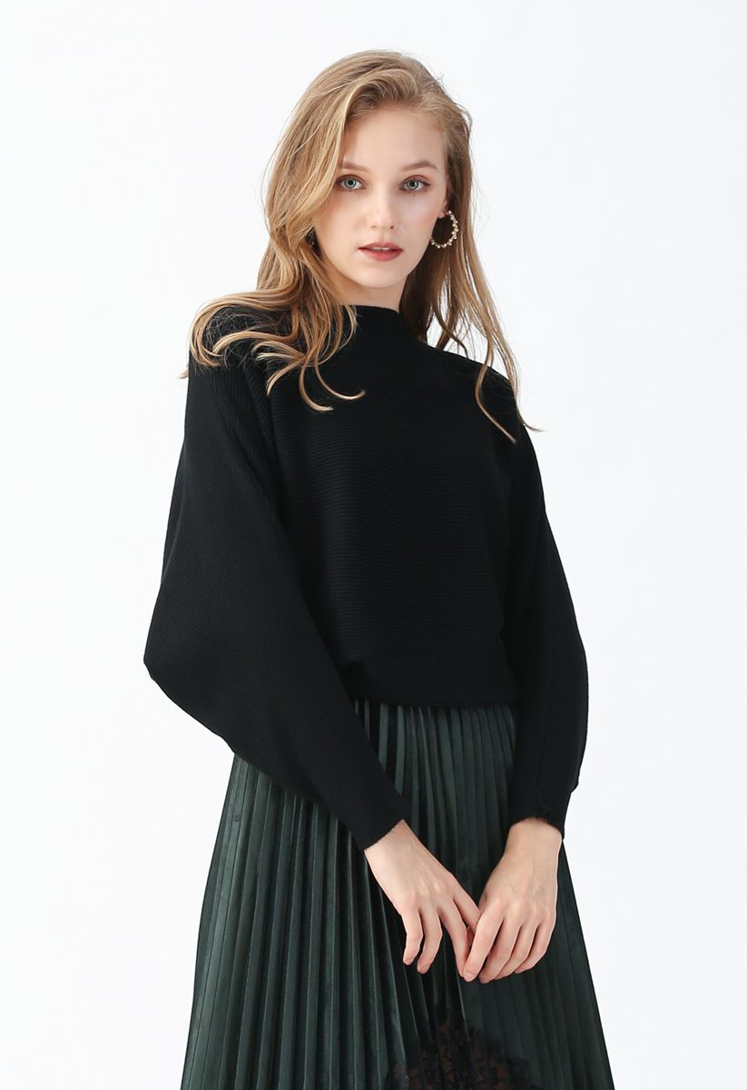 Boot Ausschnitt Batwing-Ärmel Crop Knit Top in Schwarz