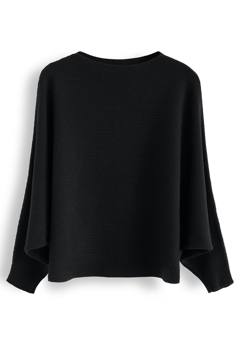 Boot Ausschnitt Batwing-Ärmel Crop Knit Top in Schwarz