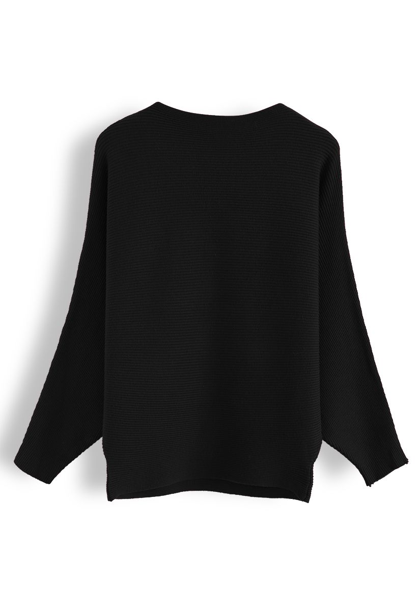 Boot Ausschnitt Batwing-Ärmel Crop Knit Top in Schwarz