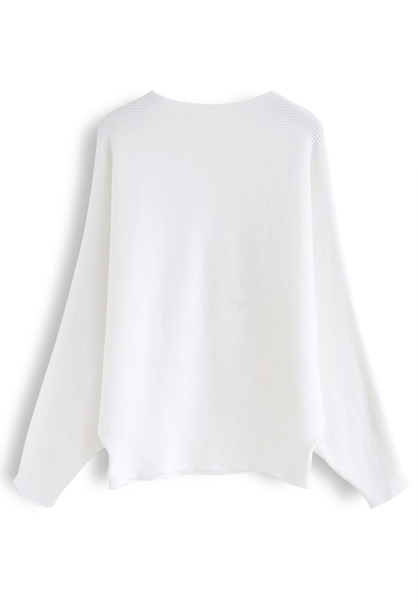 Boot Ausschnitt Batwing-Ärmel Crop Knit Top in Weiß