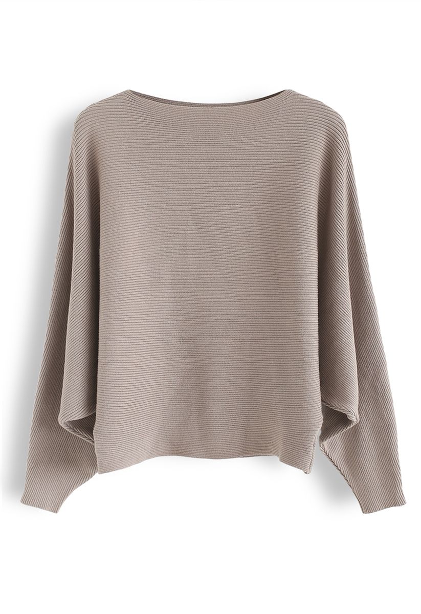 Boat Neck Batwing Sleeves Crop Knit Top in Taupe