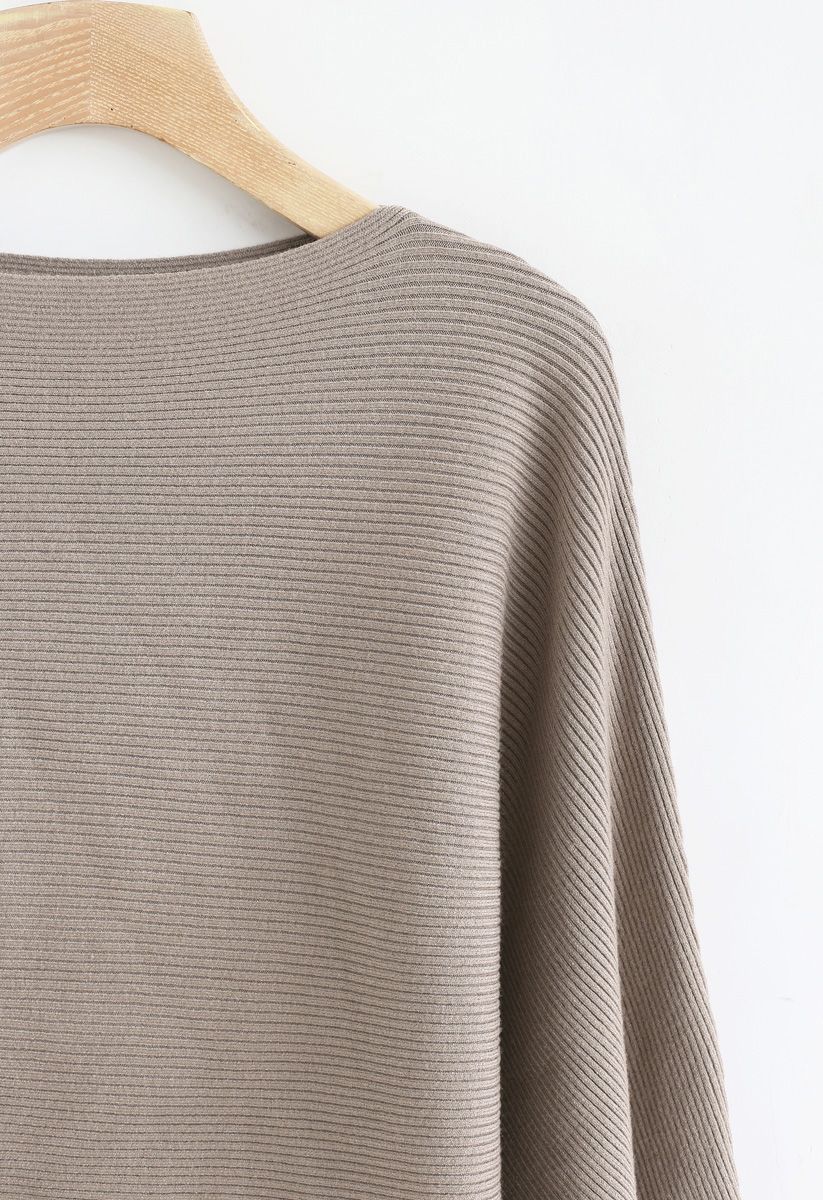 Boat Neck Batwing Sleeves Crop Knit Top in Taupe