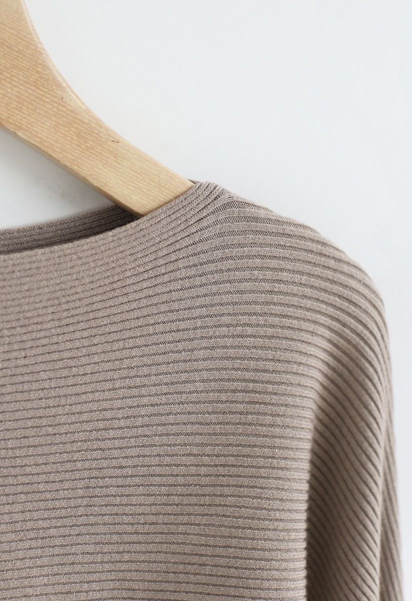 Boat Neck Batwing Sleeves Crop Knit Top in Taupe