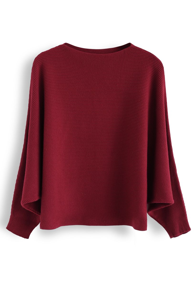 Boot Ausschnitt Batwing-Ärmel Crop Knit Top in Rot