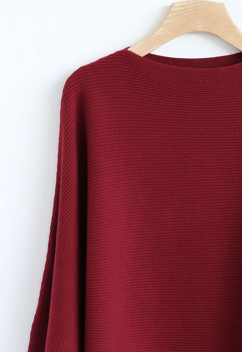 Boot Ausschnitt Batwing-Ärmel Crop Knit Top in Rot