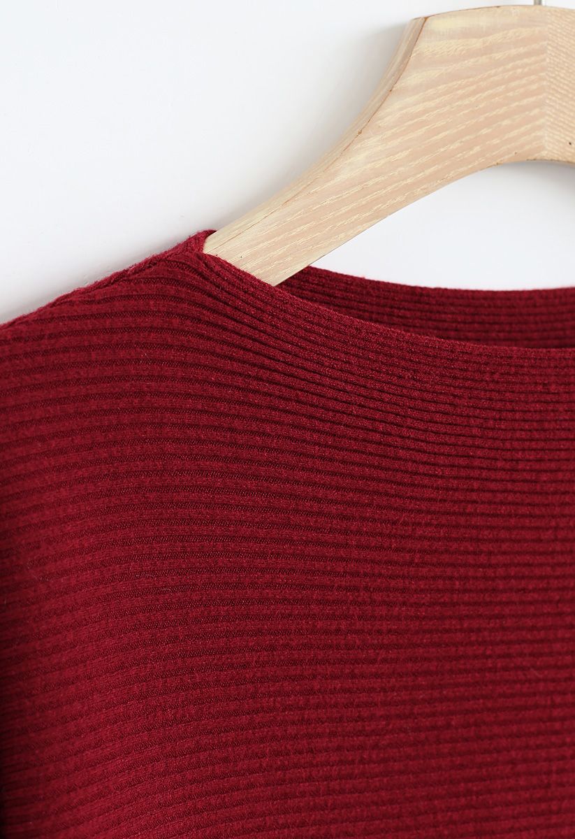 Boot Ausschnitt Batwing-Ärmel Crop Knit Top in Rot