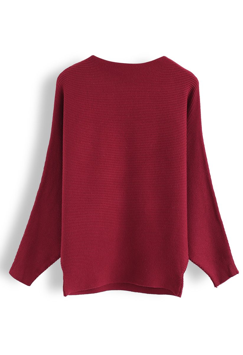 Boot Ausschnitt Batwing-Ärmel Crop Knit Top in Rot