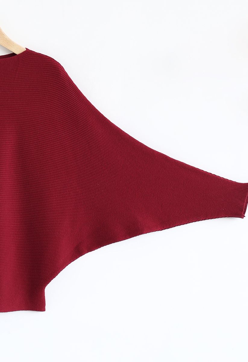 Boot Ausschnitt Batwing-Ärmel Crop Knit Top in Rot