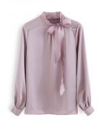 Langarm-Top aus Satin mit Bowknot-Ausschnitt in Lila