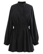 Asymmetrisches Shirred Button Down Shirt Kleid in Schwarz