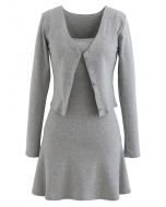 Baumwollmischung V-Ausschnitt Knopf Twinset Kleid in Grau