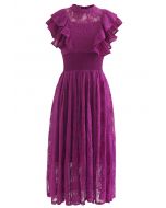 Ärmelloses Midi-Spitzenkleid mit Rüschen in Magenta