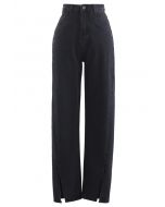 Slit Cuffs High Waist Soft Jeans in Schwarz