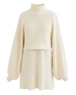 Crop-Pullover und ärmelloses Strickkleid mit Stehkragen in Creme