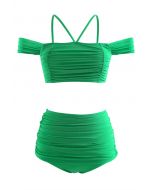 Schulterfreies Bikini-Set mit Rüschen und Netzstoff in Grün