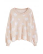 Fuzzy Contrast Heart Strickpullover in Nude Pink