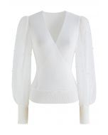 Pearl Puff Sleeve Spliced Faux-Wrap Top in Weiß