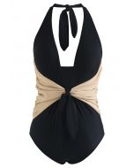 Zweifarbiger, selbstgebundener Neckholder-Badeanzug mit Bowknot in Schwarz