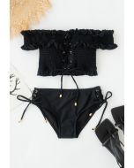 Schulterfreies Bikini-Set mit Rüschen zum Schnüren in Schwarz