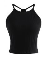 Geripptes Neckholder-Top mit Racerback in Schwarz