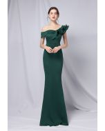 Rüschen One-Shoulder-Nixe-Satin-Kleid in Smaragdgrün