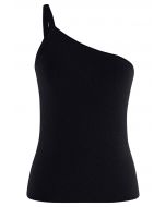 Strappy One-Shoulder-Strick-Tanktop in Schwarz