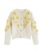 Strickjacke mit Bommeln und Blumenmuster in Gelb