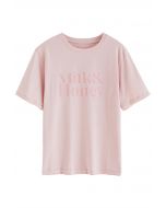 Rundhals-T-Shirt aus Samt mit Buchstaben in Rosa