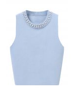 Strick-Tanktop mit Perlmuttausschnitt in Blau