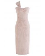 One-Shoulder-geknotetes, figurbetontes Strickkleid in Pink