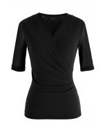 Faux Wrap Soft Mesh Ellbogenärmel Top in Schwarz