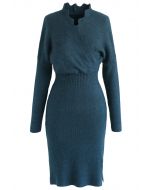 Cafe Time Wavy Wrap Knit Dress in Teal